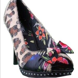 Iron Fist Heels Leopard Hair Flower Pinup Peep Toe Shoes Womens Size 7